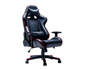 Sleek black gaming chair with red accents, featuring a high back, headrest, armrests, and a five-star base with casters