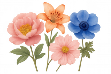 Group of assorted colorful watercolor flowers featuring a pink peony, orange lily, blue anemone, and a peach cosmos, on transparent background