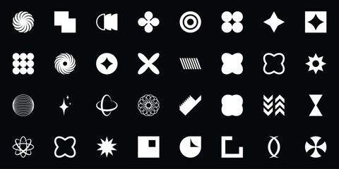 Set of 32 abstract geometric shapes, symbols, logomarks and other simple graphic design elements for minimalist, brutalist design. Swiss style, Y2K, postmodern. Vector illustration. EPS 10