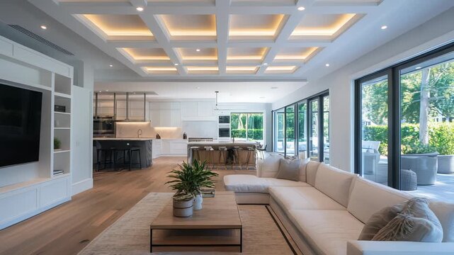 Modern Luxury Open Concept Living Room and Kitchen Interior with Coffered Ceiling and Large Sliding Glass Doors to Outdoor Patio