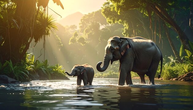 Elephants in a lush jungle river
