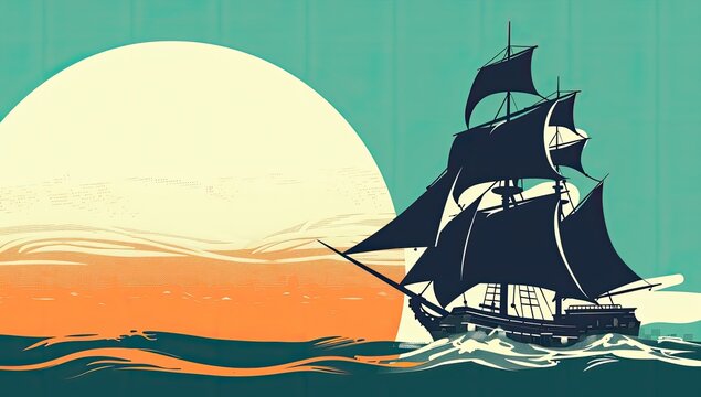 A stylized illustration of a sailing ship navigating a sea during sunset, set against a large, pale yellow sun and a teal-orange sky