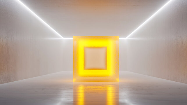 Futuristic white room with glowing yellow square light in translucent cube. Symmetrical design, LED edge lighting, ideal for tech, architecture, or commercial ad concepts.