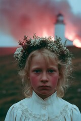 Serious young girl wearing a flower crown stands before a lighthouse with dramatic fiery sky in the background.