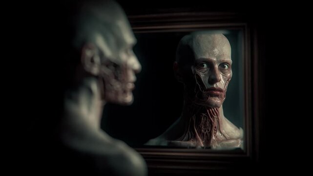 Mutilated humanoid mirror reflection with exposed muscle and sinew, pale anatomical bald figure staring into mirror
