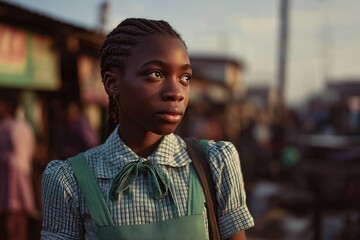 A young girl in a checkered dress stands thoughtfully in a bustling urban environment, captured at sunset.