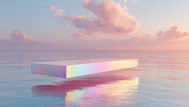 Iridescent rectangular platform floats on calm, pastel-hued water under a dreamy pink and blue sky with fluffy clouds - Powered by Adobe