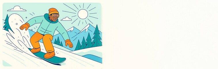 Snowboarder riding down a slope with happy expression, surrounded by snowy trees and mountains, with bright sun on clean background with copy space. Ai generative