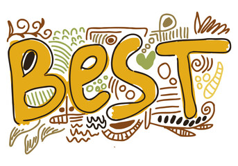 A cheerful and casual hand-drawn doodle illustration featuring the bold, yellow word 