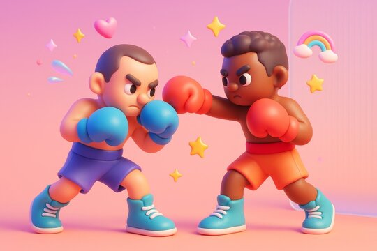 Two cartoon-style boxers face off in a colorful boxing match with playful symbols on a light pink background, representing sport and fun concept. Ai generative