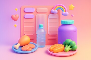 Colorful food and supplement mockup with weekly planner on vibrant background for health and nutrition concept display and branding presentation. Ai generative