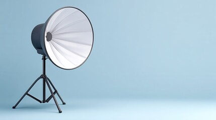 Studio lighting setup featuring a large softbox on a tripod against a pastel blue backdrop.