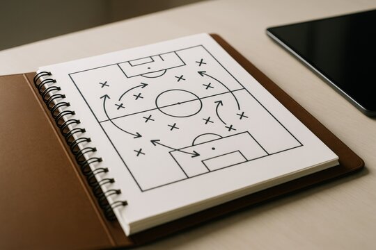 Football strategy playbook diagram with tactical markings on notebook page, placed on wooden desk with light background in coaching concept scene. Ai generative