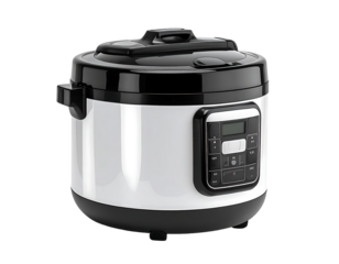 A white and black electric pressure cooker with a digital control panel and a black lid
