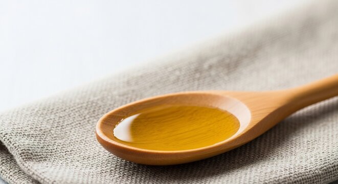 Golden Oil in Wooden Spoon on Textured Fabric, Soft Light
