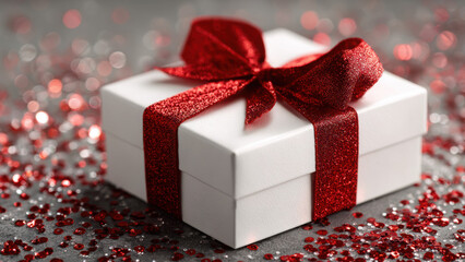 Elegant Red Ribbon Gift Box on Glitter Background for Christmas and Holiday Celebrations