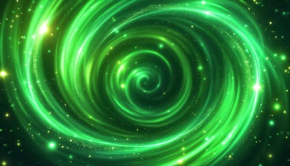 輝く粒子が渦巻く緑の宇宙空間