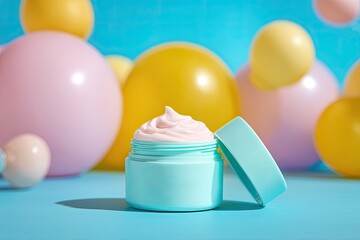 Pastel-colored face cream in open jar, surrounded by pastel balloons on a matching surface, sunlit
