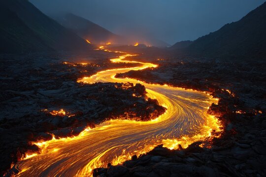 A fiery river of lava meanders through a dark, volcanic landscape under a twilight sky