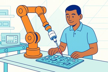 Engineer working with robotic arm assembling circuit board in lab with abstract light background. Ai generative. Ai generative