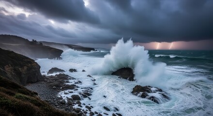 Dramatic Coastal Scene: Stormy Ocean Waves Crashing Against Rocky Shoreline with Lightning