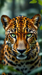 Obraz premium A close up portrait of a leopard with striking green eyes amidst a blurred green background scene