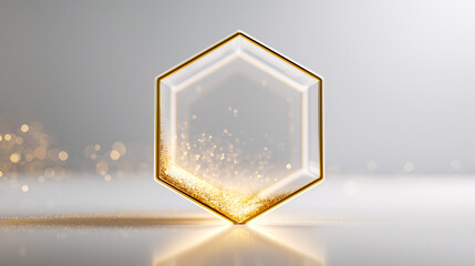 Transparent hexagonal prism with golden edges and shimmering particles on the reflective surface. Elegant, futuristic design ideal for branding, luxury, or scientific visualization.