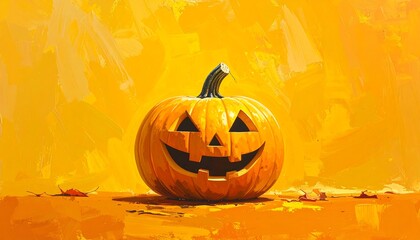 Happy Halloween Jack O Lantern Pumpkin with a Spooky Face on a Textured Orange Background.