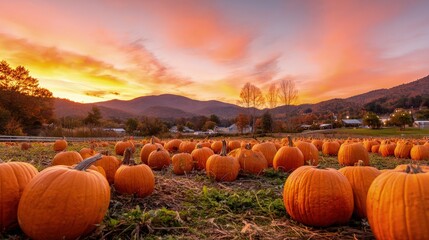 Orange Pumpkins Field At Sunset