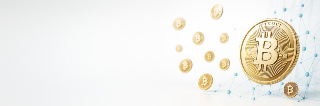 Golden bitcoin coins with network mesh on light background, cryptocurrency concept with copyspace for business and finance promotion template banner.