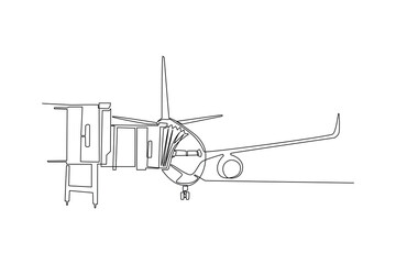 Continues line of airplane boarding with passenger bridge Single line drawing vector graphic design illustration