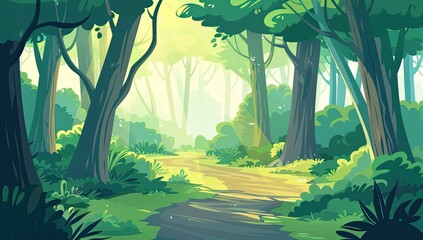 A sun-dappled path winds through a lush, green forest, sunlight filtering through the dense canopy of trees.  The scene is vibrant and idyllic