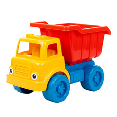 Naklejka premium Colorful Plastic Toy Dump Truck: A Fun Kids' Play Vehicle