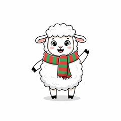 Fototapeta premium Adorable cartoon sheep wearing a festive red and green striped scarf, waving hello and spreading holiday cheer
