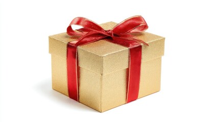 Fototapeta premium Gold gift box with red ribbon bow, isolated on white