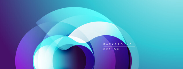 Abstract design features overlapping translucent circles. Gradient blends purple, blue hues creating dynamic visual effect. Minimalist style.