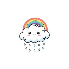 Adorable cartoon cloud with happy rainbow and gentle rain drops, perfect for cheerful children's designs and whimsical projects