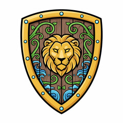 Majestic lion emblem adorns a vintage shield with flowing vines and water elements, symbolizing courage and strength