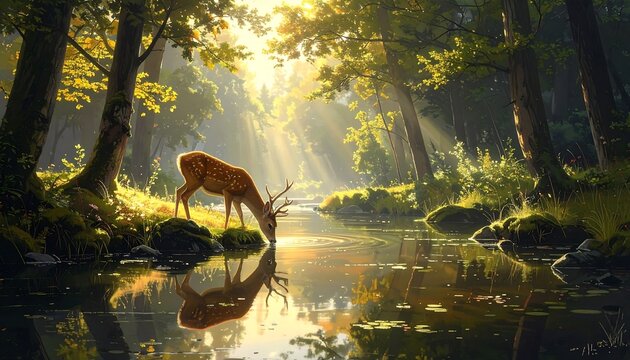 Spotted deer drinks from river in sunlit forest