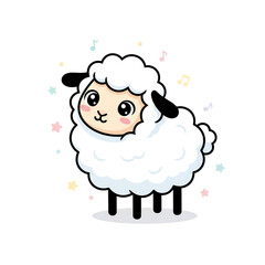 Fototapeta premium Adorable fluffy sheep character with cheerful music notes and stars, perfect for children's themes and joyful designs.
