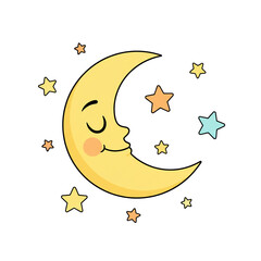 Dreamy smiling crescent moon surrounded by playful stars, perfect for children's themes and bedtime stories