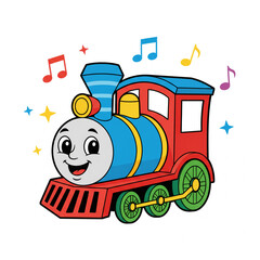 Delightful cartoon train with cheerful face and colorful musical notes, perfect for children's stories and educational content
