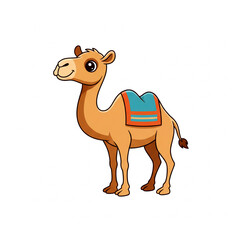 Joyful cartoon camel with a colorful saddle, perfect for children's books, educational content, and desert-themed designs.