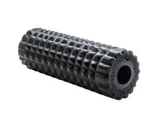 Dark gray foam roller with textured, pyramidal surface and hollow end caps