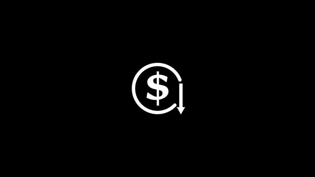 Financial loss white line animation. Coin with dollar sign and arrow pointing down animated icon. Economic recession.