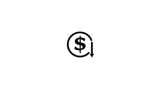 Financial loss white line animation. Coin with dollar sign and arrow pointing down animated icon. Economic recession.