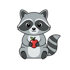 Adorable cartoon raccoon happily holding a vibrant red apple, perfect for children's books and playful designs