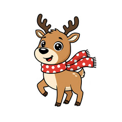 Joyful cartoon reindeer wearing a festive red polka dot scarf prances happily, perfect for holiday promotions and winter themes