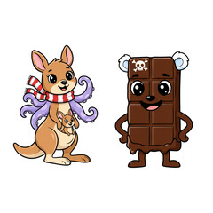 Playful kangaroo with joey and tentacles alongside a quirky chocolate bar character with a skull emblem