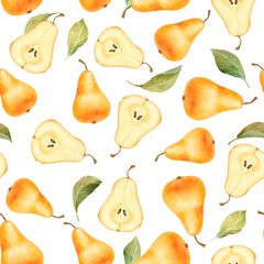 Hand-drawn illustration of a seamless pattern with whole and sliced pears on a white background